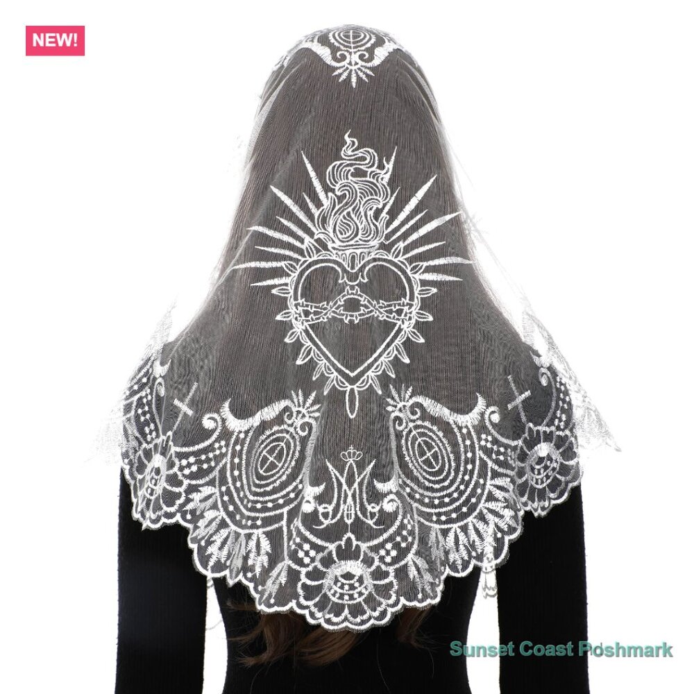 White Lace Chapel Mantilla Veil with Sacred Heart Floral Cross Embroidery New